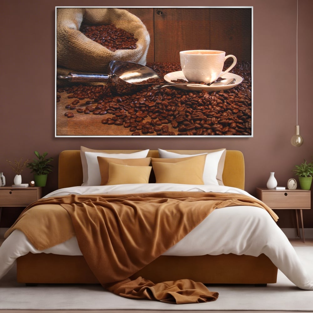Tablou canvas cu tablou cu cana de cafea si sac de iuta, in rama de aluminiu argintiu, pe perete intr-un dormitor